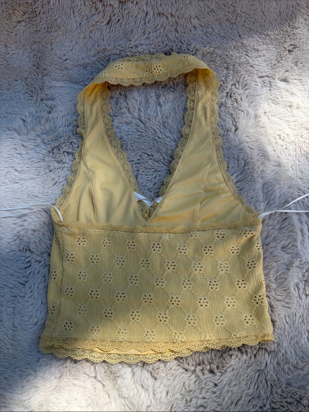Yellow Eyelet Halter Tie-Front Crop Top - Picture 2 of 5